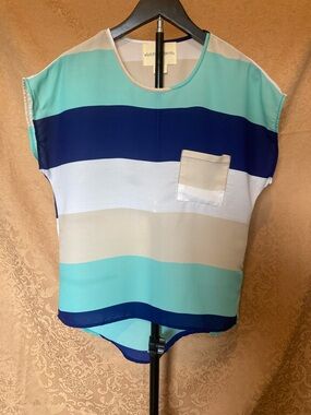 Wishful Park Women’s Top Aqua, Navy & Light Tan Striped Scoop Neck Top, Sz-Sm
